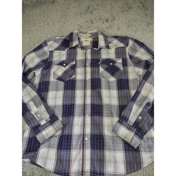 Levi's Other - Levi's Western Pearl Snap Shirt Men‎ Large Modern Plaid Gray Red Blue Western